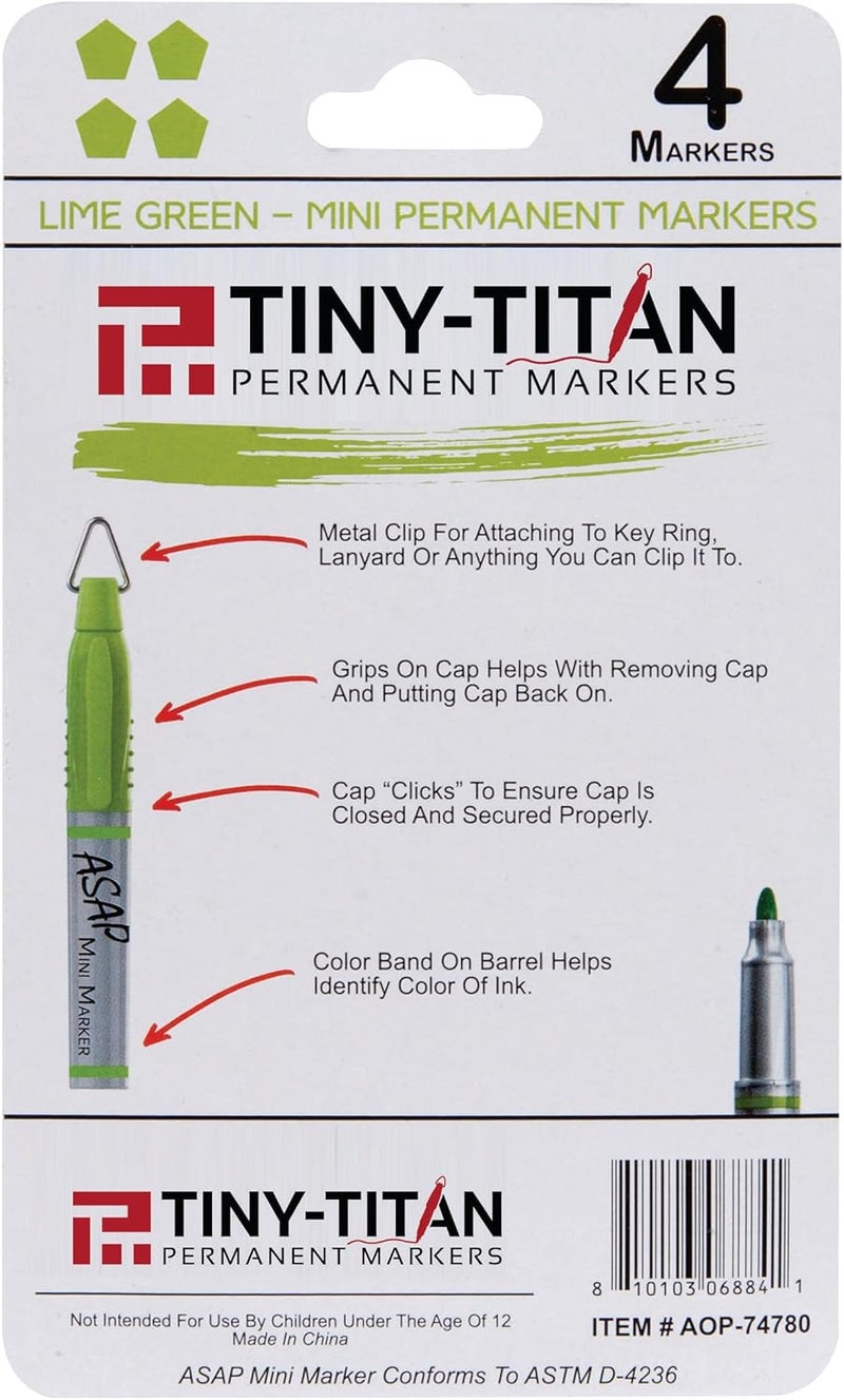 Tiny-Titan Mini Markers, Keychain Clip, Golf Ball Marker, Clip On Nurse's Badge - LIME GREEN Ink - Fine Point - 4 Pens Per Pack - Image 3